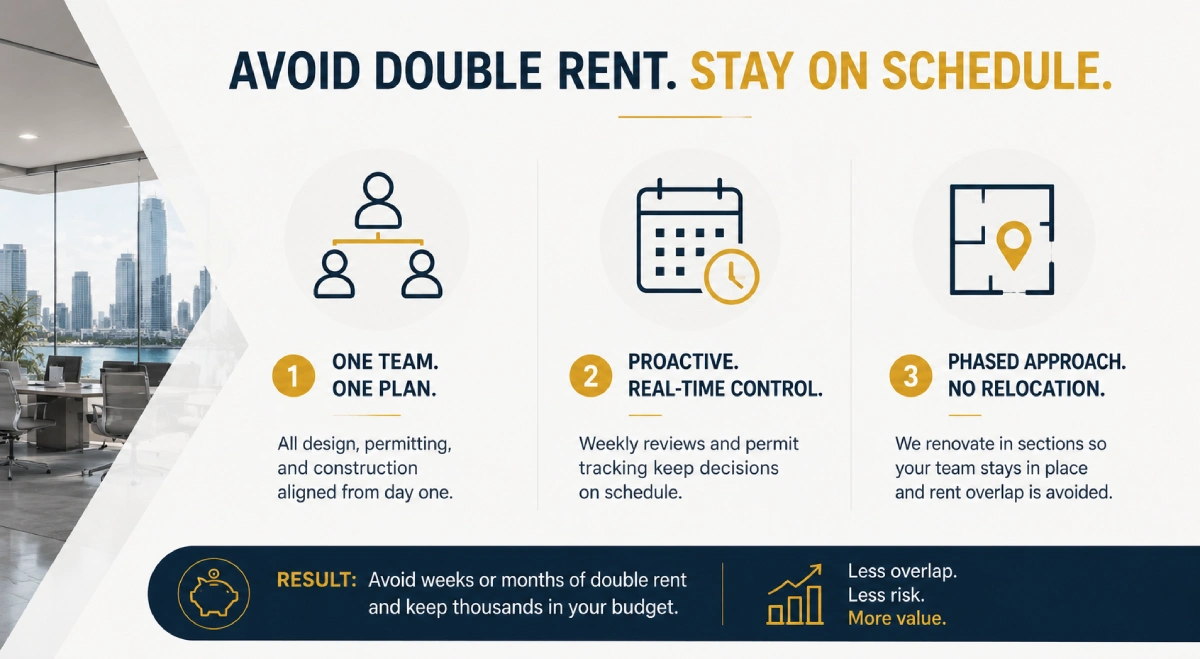 Modern Miami office interior design infographic highlighting turnkey renovation, proactive scheduling, and phased office renovation to avoid double rent.